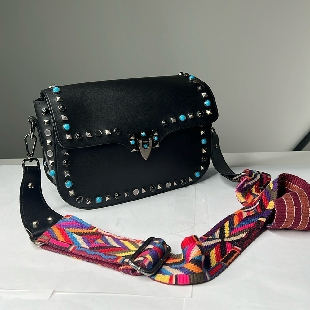 Black Leather Crossbody Bag with Turquoise Studs and Multicolor Strap